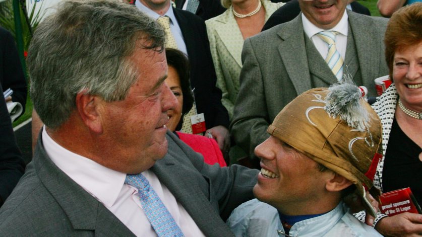 Frankie Dettori and Michael Stoute after winning the 2008 St Leger