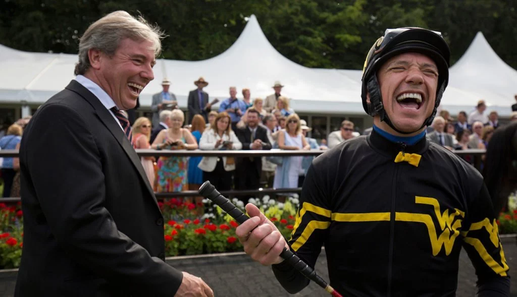 Jockey and trainer laugh at a funny name