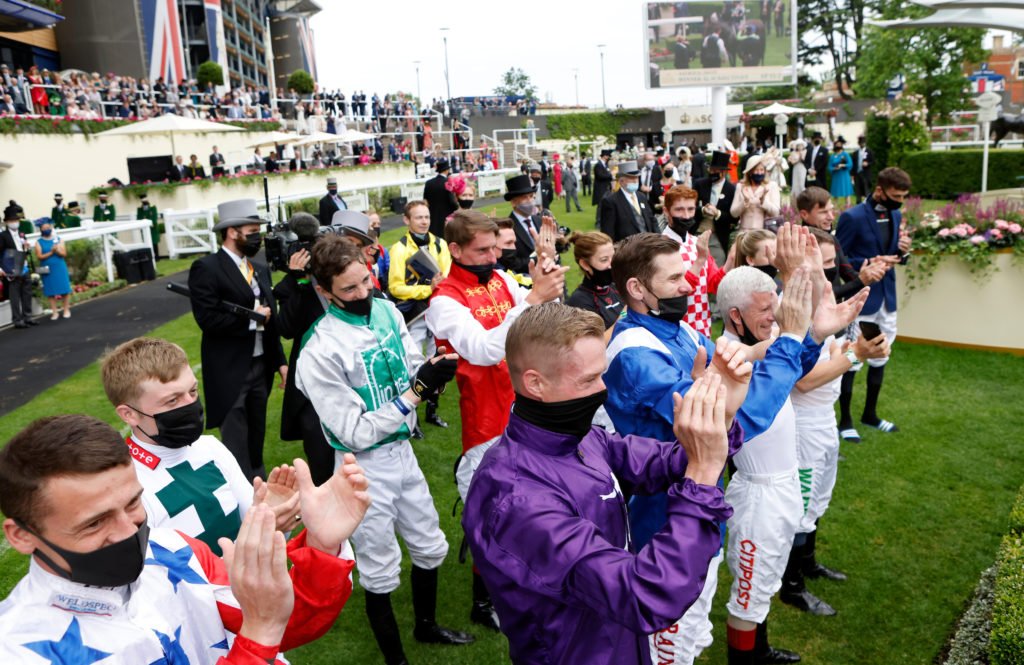 Jockeys congratulate Subjectivist and Joe Fanning after winning The Gold Cup at Royal Ascot 2021