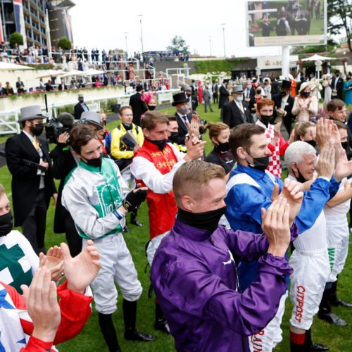 Jockeys congratulate Subjectivist and Joe Fanning after winning The Gold Cup at Royal Ascot 2021
