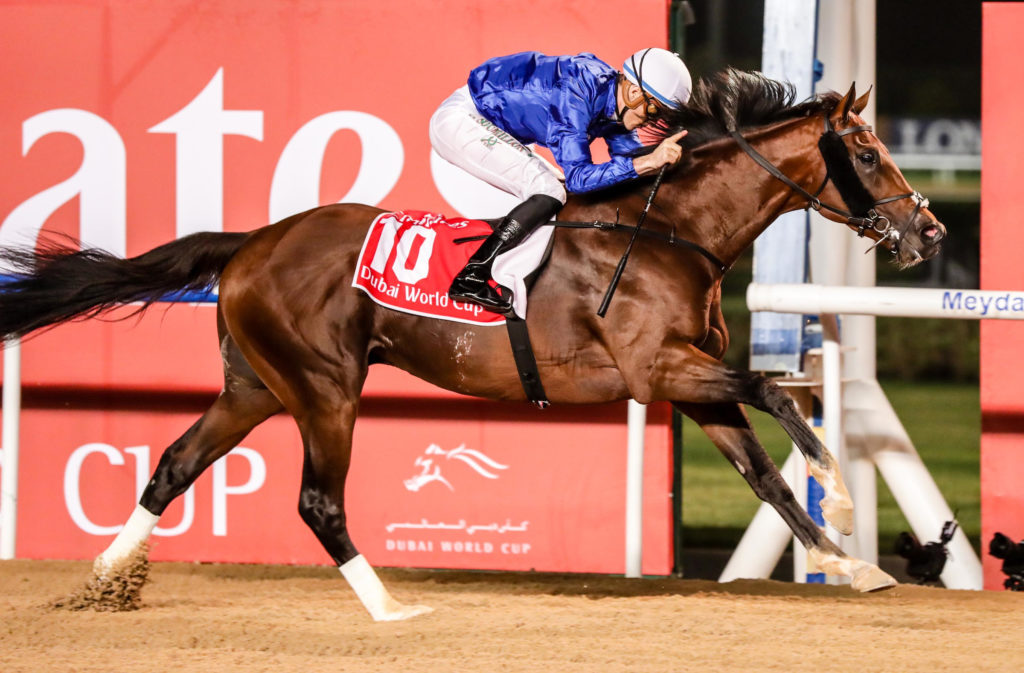 Thunder Snow and Christophe Soumillon winning The Dubai World Cup