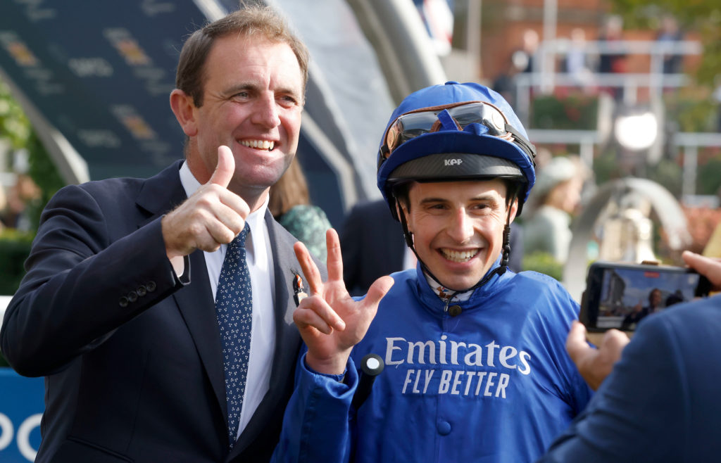 Creative Force and William Buick and trainer Charlie Appleby after winning The Qipco British Champions Sprint Stakes