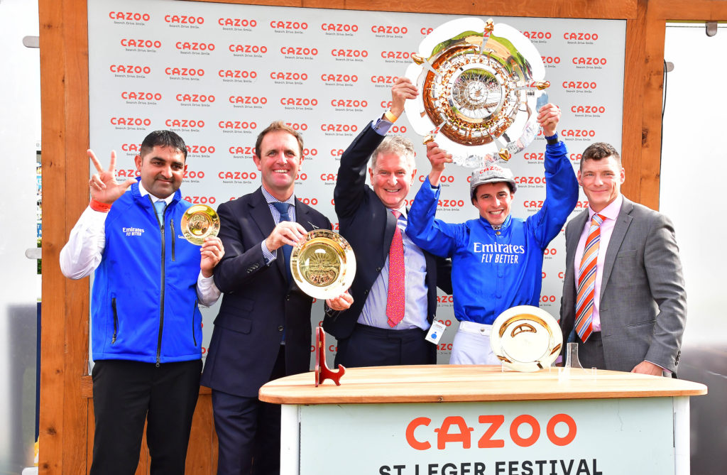 St Leger winners. Charlie Appleby Champion trainer and William Buick with trophies
