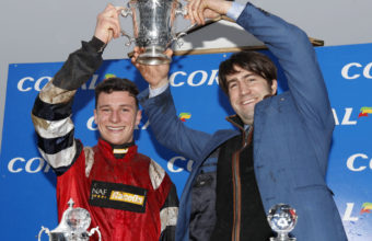 Jack Tudor and Christian Williams celebrate with he Coral Welsh Grand National trophy
