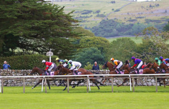 Horses pass a few spectators watching the Behind Closed Doors action over a drystone wall