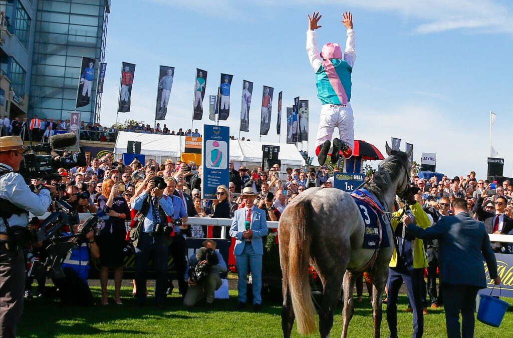 Frankie Dettori mid iconic celebration after the St Leger