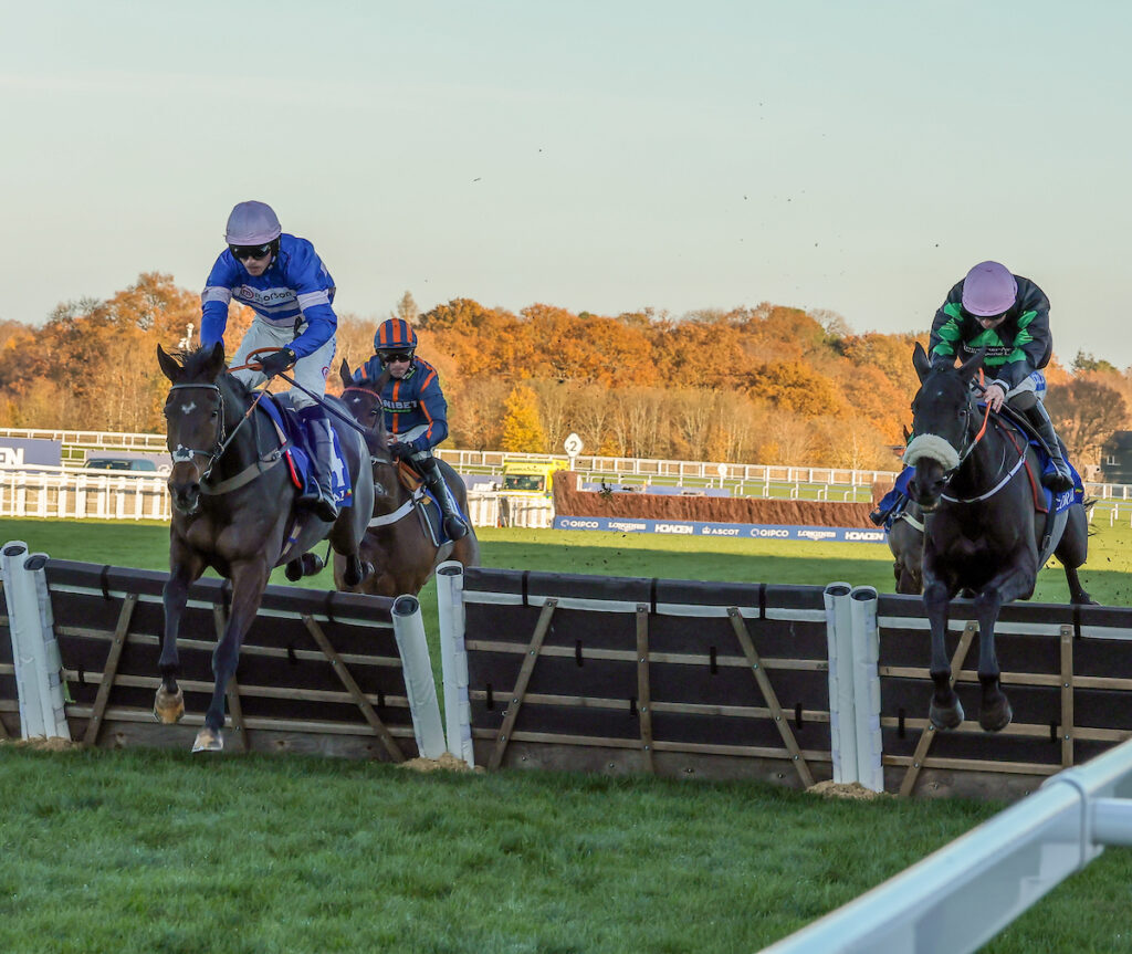 Blueking D'Oroux and Harry Cobden clearing the last to win from Strong Leader and Sean Bowen