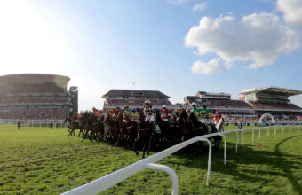 The runners in The Randox Grand National Handicap Chase at the start in front of the Grandstands