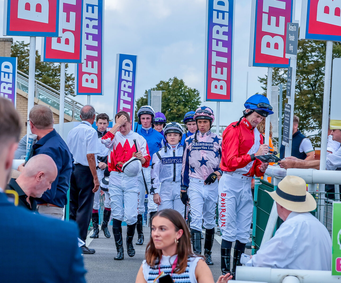 Robert Havlin leads out the jockeys for The Coopers Marquees EBF Maiden Fillies' Stakes at Doncaster