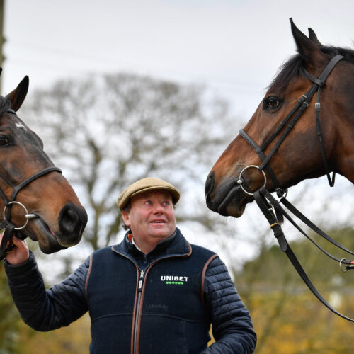 Nicky Henderson with Constitution Hill and Jonbon at Seven Barrows